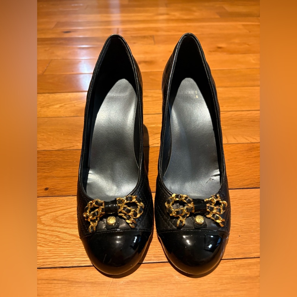 Stuart Weitzman Black Round Toe Chain Bow Pumps Size 8